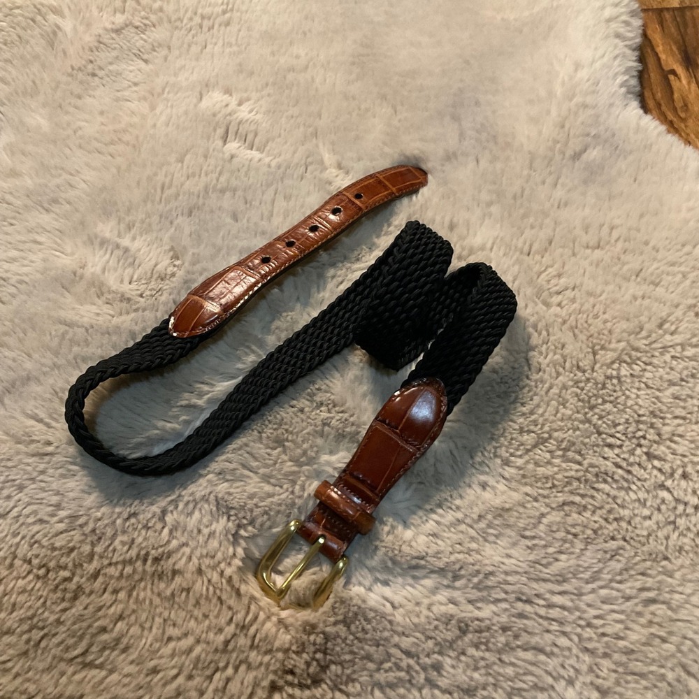 Brighton Belt Size 36 Brown Croc Leather Black Woven‎ Middle Solid Brass Buckle